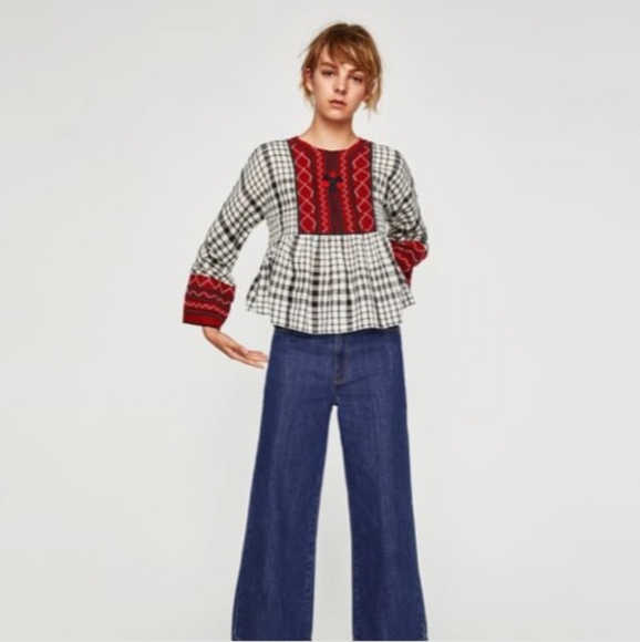 Zara Women's Embroidery Top Blouse Black and White Plaid size Medium - Picture 1 of 11
